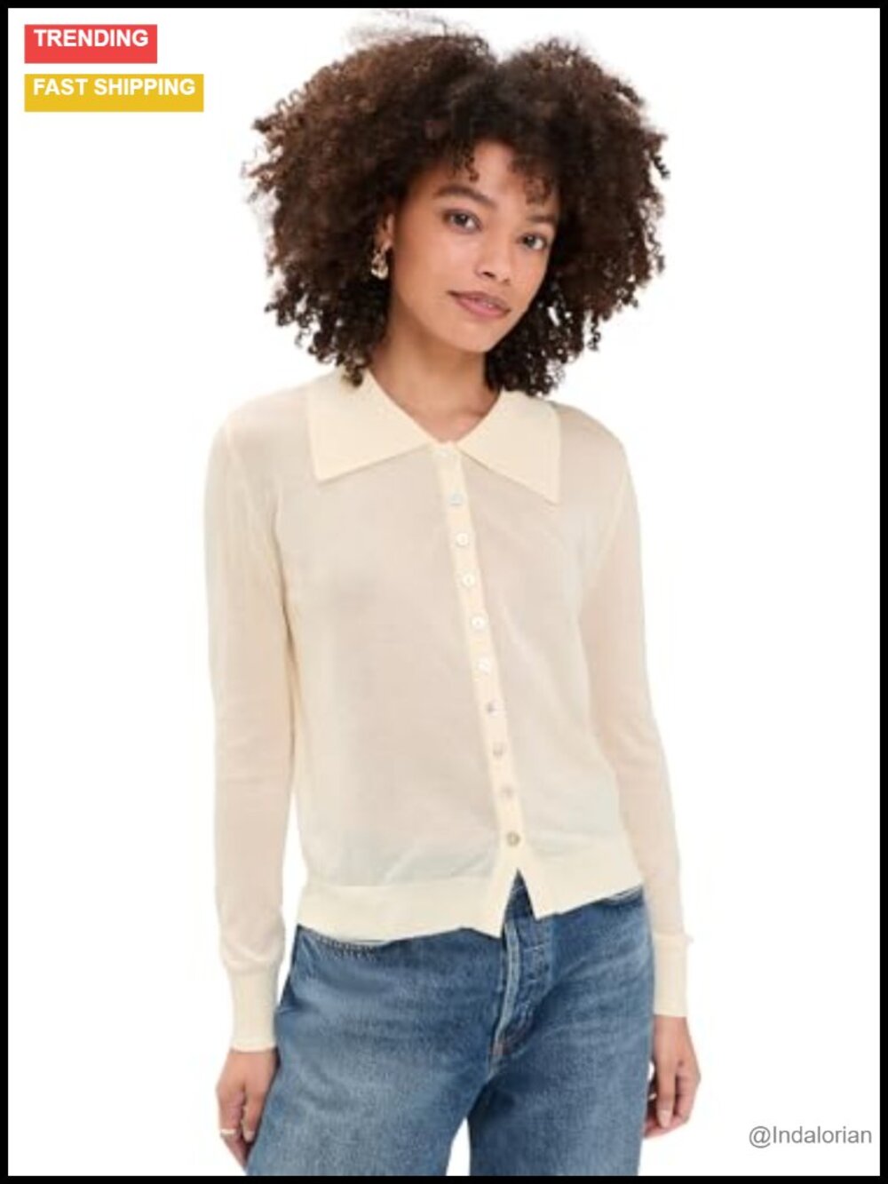 Lioness Chalet Long Sleeve Cardigan Lightweight Stretch Knit Collared Neck